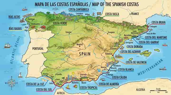 Map Showing The Spanish Costas Of Mainland Spain