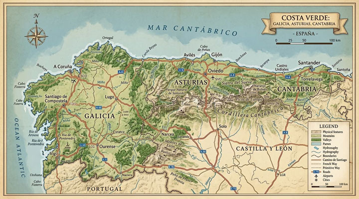 Map Of The Costa Verde, Northern Spain