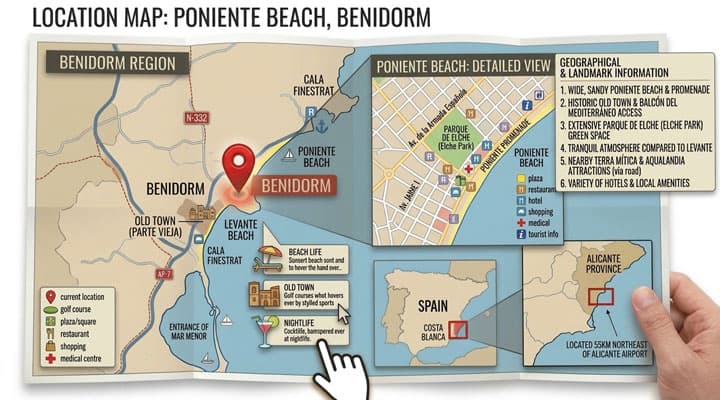 Map location of Poniente Beach, Benidorm